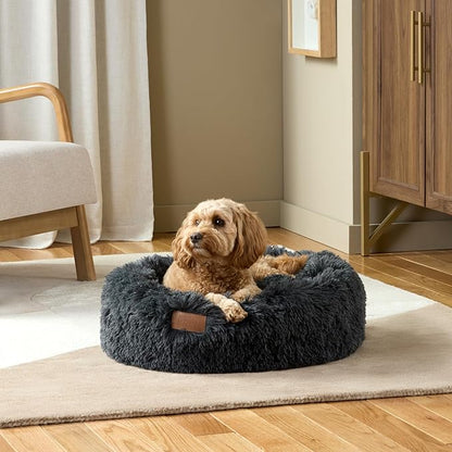 Town & Country Luxe CuddleTown Fuzzy Solid Donut Pet Bed, Soft, Cozy & Calming, Non-Slip Bottom, 100% Machine Washable, Dark Grey, Small 24"x24"x7" Round