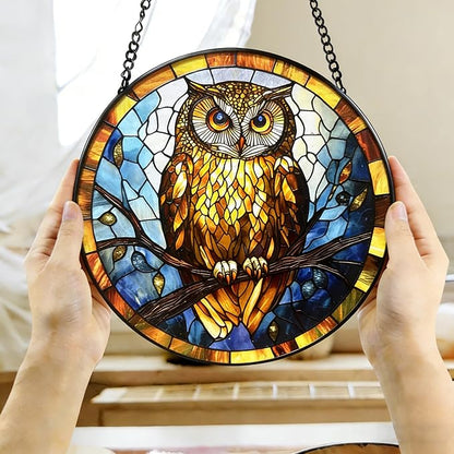 Owl Stained Glass Suncatcher,7.8-in Colorful Bird Window Hanging Ornament for Indoor & Outdoor Decor, Gift for Bird Lovers, Women, Mom, Grandma, Living Room, Garden, Porch, Housewarming