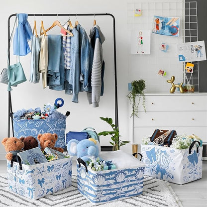 4 Pcs Coastal Beach Storage Basket Fabric Laundry Baskets with Handle Summer Ocean Blue Bow Foldable Organizer Boxes for Office Home Bedroom Baby Cloth Toy Book 15 x 10 x 8