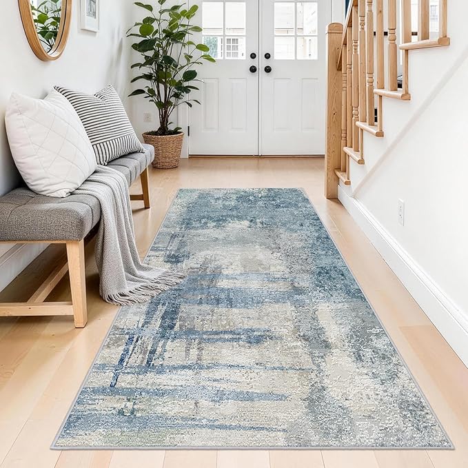 Abstract Runner Rugs 3x6 Washable Rug Non-Slip Hallway Carpet - Modern Neutral Kitchen Runners for Entryway, Bedroom, Laundry Room - Soft Low Pile Floor Mat 3x6 Blue