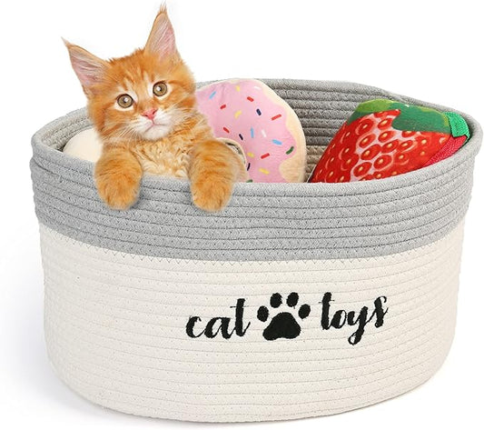 PrimePets Cat Toy Basket, Cotton Rope Storage Basket with Handles, Small Woven Pet Box Bin for Blankets, 15x10x9 inch Cat Holder Container, White and Grey