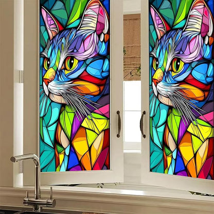 Stained Glass Window Film 17.7 x 39.3 Inch Colorful Cat Window Privacy Film Stained Decals Static Cling Sun Blocking Decor for Home Office Windows Doors Glass Partitions 17.7x39.3 inch