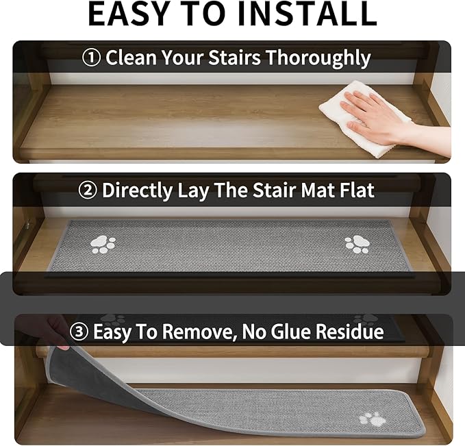 Stair Treads Non Slip Indoor 4PCS, Rubber Backing Stair Runner Rugs for Wooden Steps, Residue Free Stair Carpet Treads for Kids Elders and Pets, Machine Washable Stair Mats, Gray, 8" x 30"
