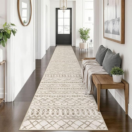 KUTA Boho Runners for Hallways 2.6x14 ft Moroccan Beige Washable Long Hall Carpet Non-Slip Vintage Soft Distressed Geometric Kitchen Runner Rug for Bedroom Laundry Living Room