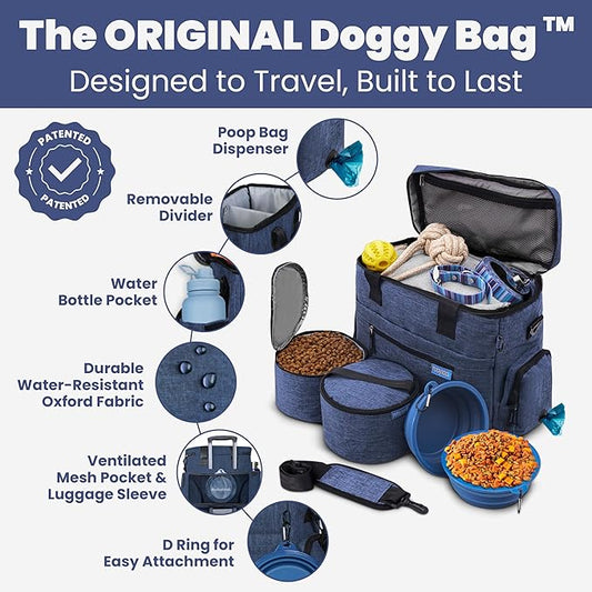 The Original Doggy Bag™ - Complete Dog Travel Bag for Supplies with 2 BPA-Free Travel Dog Bowls & 2 Pet Food Containers - Traveling Kit for Road Trips, Camping, Weekend Away or Doggy Gift: Navy
