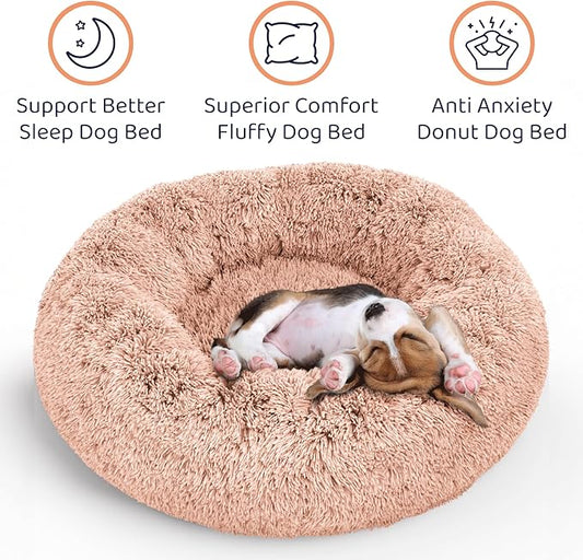 Donut Dog Bed - Premium Comfort for Anxiety Relief - Fluffy & Calming Design with Ultra-Plush Support | Cozy Round Dog Bed with Super Soft Circle Style (Pink, Large)
