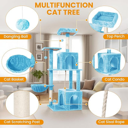 Cat Tree, 54-Inch Cat Tower for Indoor Cats, Soft Plush Multi-Level Climbing Cat Condo with Scratching Posts, Basket, Perches,2 Caves,2 Pompoms Play House for Cat(Blue)