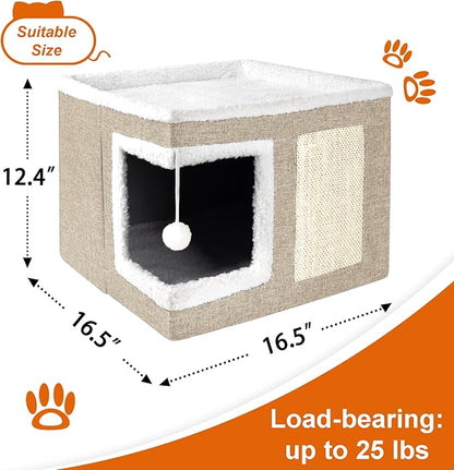 Loyareal Cat Houses for Indoor Cats - Large Cat Bed Cave with Scratch Pad and Fluffy Ball, Foldable Cat Condo Hideaway with Reversible Cushion for Multi Small Pet, Khaki