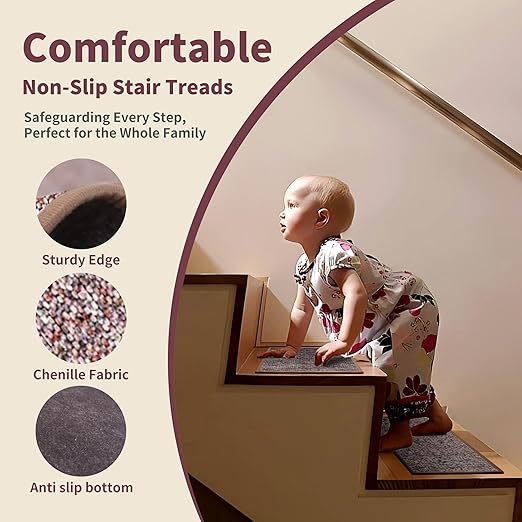 Non-Slip Carpet Stair Treads 4PCS, 8"x30" Peel and Stick Stair Runner for Wooden Steps Indoor, Washable Reusable Adhesive Backing, Pet-Friendly Safety Mats for Kids, Elders, Dogs