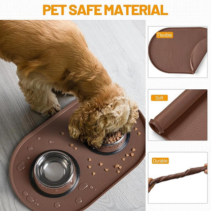 Hubulk 100% Waterproof Silicone Pet Feeding Mat with Raised Edge for Food and Water, Dog Bowl Mats, Cat Bowls Placemat with High Lip Protects Floor for Cats and Dogs (Brown, 16" L x 10" W)