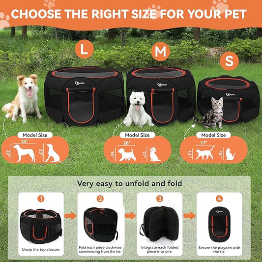 Black Dog Cat Playpen, Puppy Pet Playpen Indoor for Small Dog Crate Tent Cage Outdoor, Portable Pop Up Dogs Enclosure Kennel with Carrying Case for Dogs/Cats/Rabbits