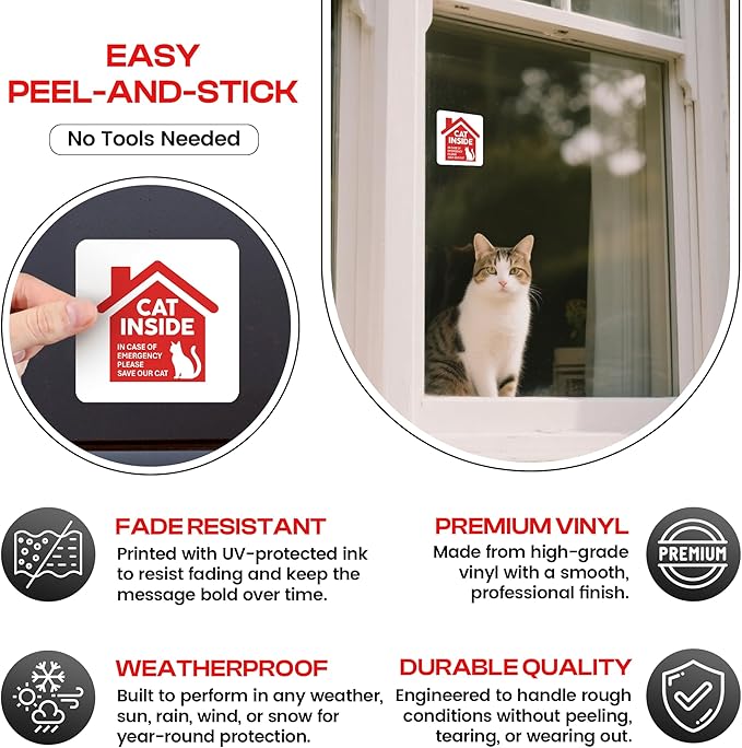 | Cat Inside Sticker (4 Pack), Size 3.5x3.5 – Durable, Waterproof, Strong Adhesive Cat Inside Emergency Sticker for Door and Windows