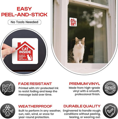 | Cat Inside Sticker (4 Pack), Size 3.5x3.5 – Durable, Waterproof, Strong Adhesive Cat Inside Emergency Sticker for Door and Windows
