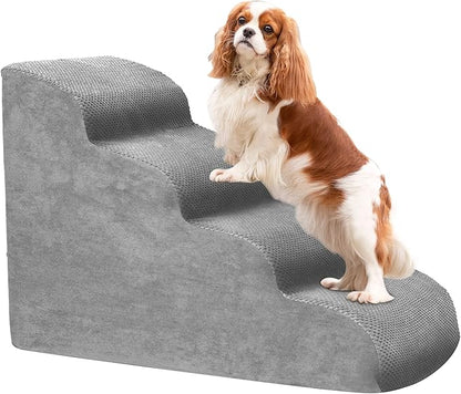 Dog Stairs for Small Dogs, High Density Foam Dog Steps, Extra Wide Non-Slip Pet Ramp for High Beds Or Couch, Soft Doggie Ladder for Dogs Injured, Older Pets, Small Cats (Fleece-Gray, 4 Steps)