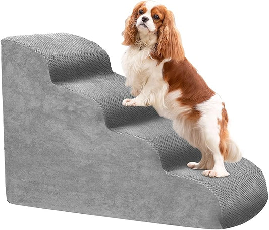Dog Stairs for Small Dogs, High Density Foam Dog Steps, Extra Wide Non-Slip Pet Ramp for High Beds Or Couch, Soft Doggie Ladder for Dogs Injured, Older Pets, Small Cats (Fleece-Gray, 4 Steps)