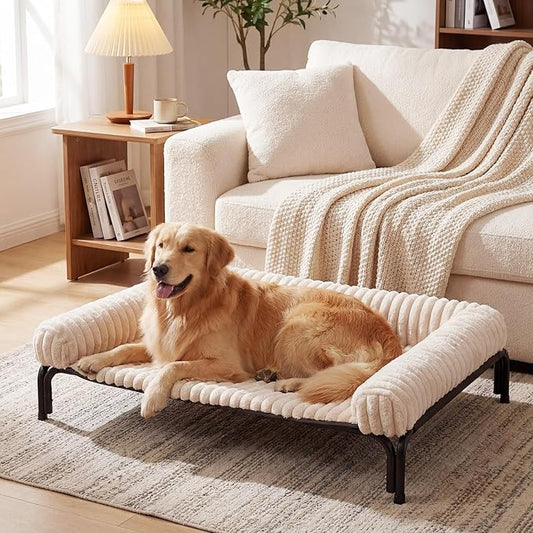 Elevated Dog Bed with Removable Bolster Cushion Mat, Raised Pet Cot for Extra Large Sized Dogs with Breathable & Washable Mesh, Indoor & Outdoor Pet Hammock with Skid-Resistant Feet.