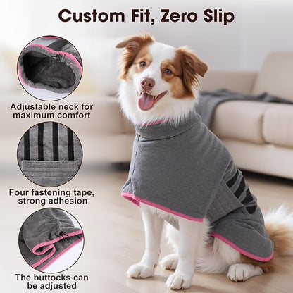 Microfibre Dog Bathrobe Towel Wrap Super Absorbent Dog Drying Coat Bath Robe for Puppy, Medium & Large Dogs, Fast Drying, Adjustable