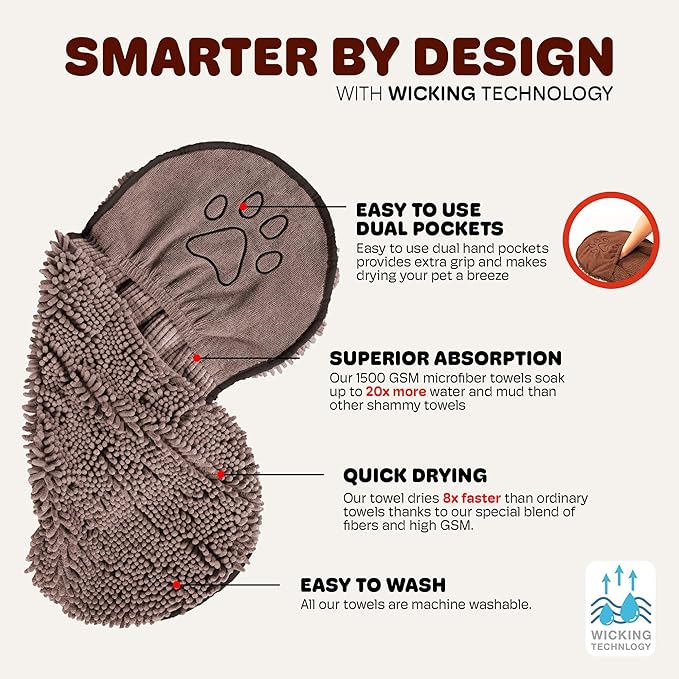 Dog Gone Smart The Dirty Dog Shammy - 2-Pack, Fast Drying Plush Shammy Towel with Dual Hand Pockets and Elastic - Super Absorbent Microfiber and Machine Washable - 31×13 in, Grey