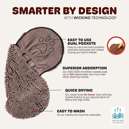 Dog Gone Smart The Dirty Dog Shammy - 2-Pack, Fast Drying Plush Shammy Towel with Dual Hand Pockets and Elastic - Super Absorbent Microfiber and Machine Washable - 31×13 in, Grey