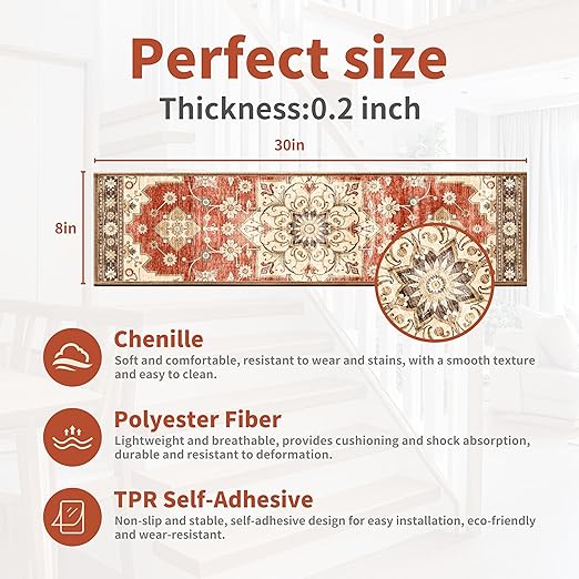 Non-Slip Carpet Stair Treads 15PCS, 8"x30" Peel and Stick Stair Runner for Wooden Steps Indoor, Washable Reusable Adhesive Backing, Pet-Friendly Safety Mats for Kids, Elders, Dogs