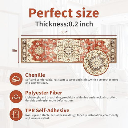 Non-Slip Carpet Stair Treads 15PCS, 8"x30" Peel and Stick Stair Runner for Wooden Steps Indoor, Washable Reusable Adhesive Backing, Pet-Friendly Safety Mats for Kids, Elders, Dogs