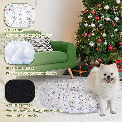 23 Inch Christmas Snowflakes Calming Dog Bed for Small Dogs Cats, Kitty Puppy Round Anti-Anxiety Warm Bed, Soft Cozy Anti-Slip Donut Washable Pet Bed, Fits up to 30 lbs Pets