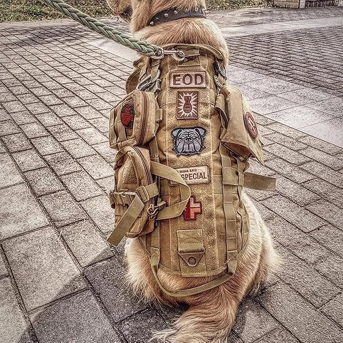Tactical Dog Vest Harness Heavy Duty Dog Harness with 3 MOLLE Bags&1 Bungee Leash