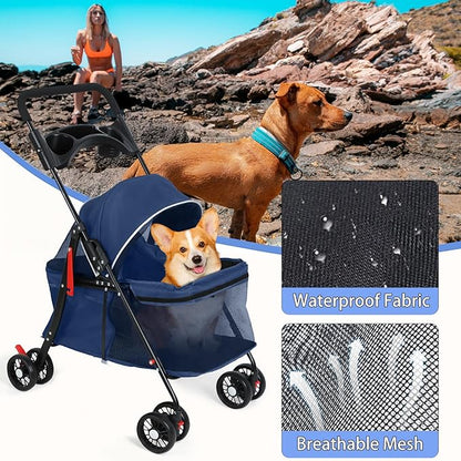 4 Wheels Pet Stroller for Medium Small Dog up to 50lbs, Dog Cat Stroller, Outdoor Travel Pet Folding Strollers, Cat Cage Strollers with Cup Holder, Breathable and Visible Mesh (1 Set-Blue)