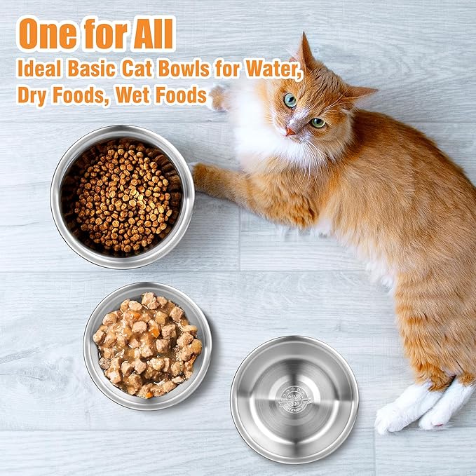 6 Pcs Stainless Steel Cat Bowls, Metal Cat Bowls Whisker Friendly, 5.5Inch Shallow Wide Cat Food Dishes, Replacement Basic Cat Plates