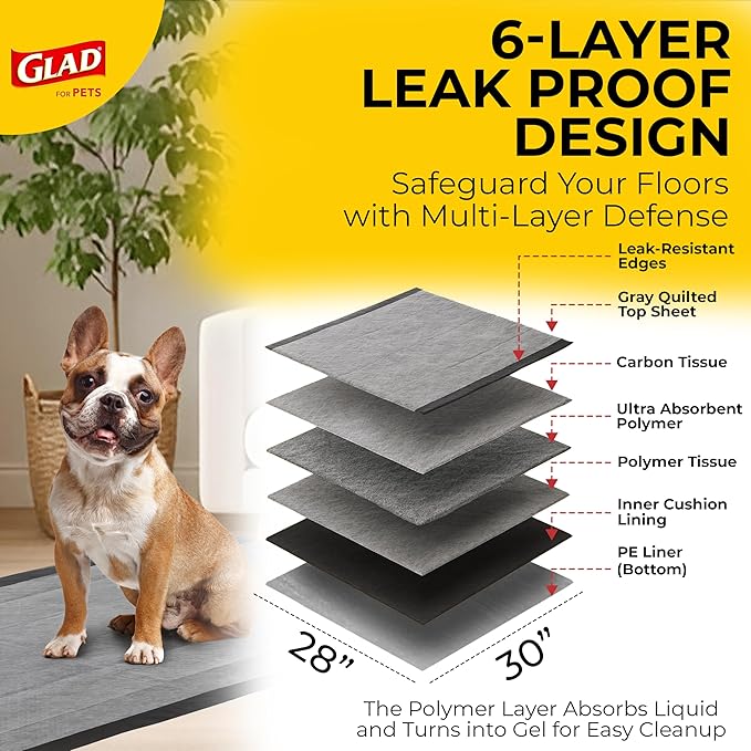 Glad for Pets Extra Large Charcoal Dog Training Pads, Absorbent Leak Proof Pee Pads for Dogs and Puppies, Odor Control Potty Pads with Activated Carbon, 28 x 30 Inches, 50 Count