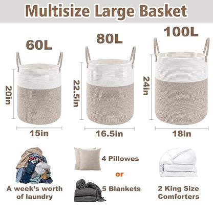 Large Woven Laundry Basket Hamper,80L Cotton Rope Storage Bin for Blankets,Toys and Clothes,Decorative Tall Nursery Hamper for Living Room,Baby Nursery,Bathroom and Bedroom,Brown