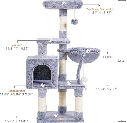 Heybly Cat Tree with Toy, Cat Tower Condo for Indoor Cats, Cat House with Padded Plush Perch, Cozy Hammock and Sisal Scratching Posts, Pewter HCT004SPE