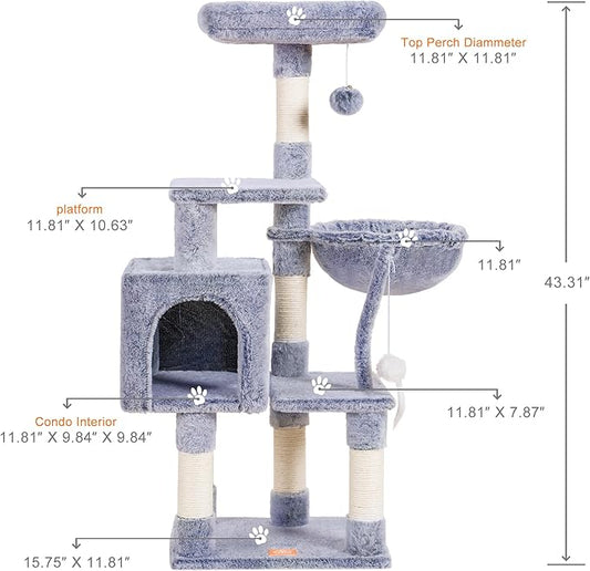 Heybly Cat Tree with Toy, Cat Tower Condo for Indoor Cats, Cat House with Padded Plush Perch, Cozy Hammock and Sisal Scratching Posts, Pewter HCT004SPE