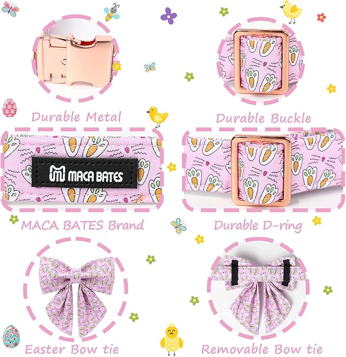 Maca Bates Rabbit Foot Dog Collar with Sailor Bow Tie for Large Girl Boy Dogs, Pink Bunny Pattern,Adjustable Durable Soft Breakaway Collars Easter Day Gift for Male Female Puppy