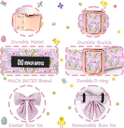 Maca Bates Rabbit Foot Dog Collar with Sailor Bow Tie for Medium Girl Boy Dogs, Pink Bunny Pattern,Adjustable Durable Soft Breakaway Collars Easter Day Gift for Male Female Puppy
