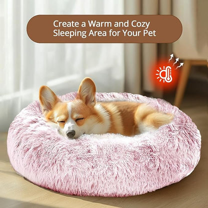 JOLLYVOGUE Calming Dog Beds Large Sized Dog, 36in Donut Washable Large Pet Bed, Anti-Slip & Anti-Anxiety Fluffy Faux Fur Round Dogs Bed, Fits up to 80 lbs Pets (Smoke Pink)