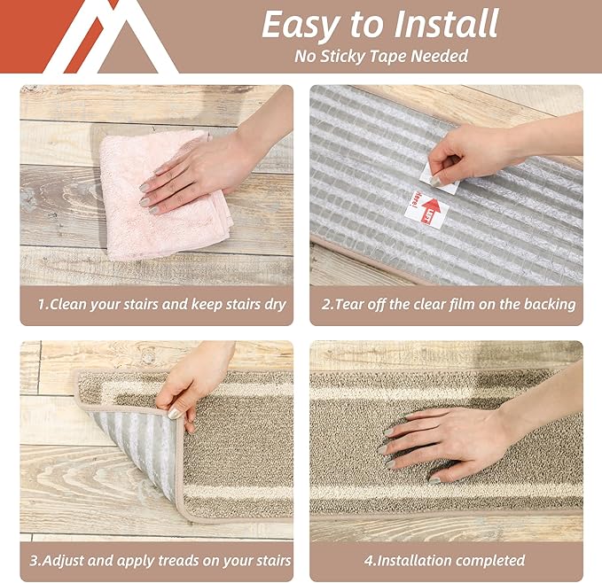 COSY HOMEER Soft Stair Treads 15pcs Non-Slip Carpet Mat 28inX9in Indoor Stair Runners for Wooden Steps,Stair Rugs for Kids and Dogs, 100% Polyester TPE Backing Beige,Square