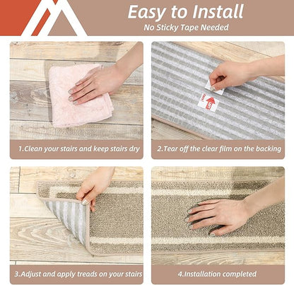 COSY HOMEER Soft Stair Treads 15pcs Non-Slip Carpet Mat 28inX9in Indoor Stair Runners for Wooden Steps,Stair Rugs for Kids and Dogs, 100% Polyester TPE Backing Beige,Square