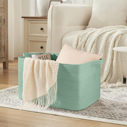 95L Extra Large Blanket Basket, 24" x 16.9" x 14.2" Woven Storage Basket for Living Room, Rectangle Nursery Blanket Storage for Toys, Towels, Dirty Clothes (Green)