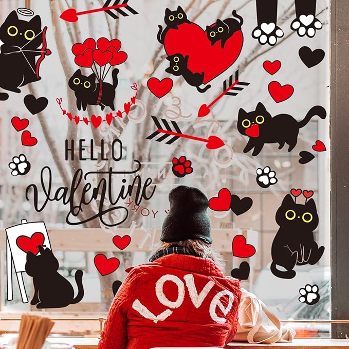 Whaline Valentine Window Clings Window Stickers Double-Sided Black Cat Red Heart Large Glass Decals for Wedding Anniversary Party Decoration, 7 Sheets