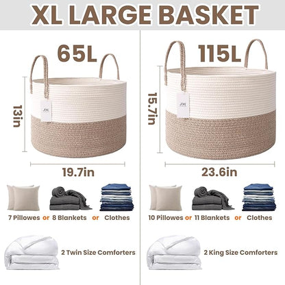 115L Extra Large Blanket Basket for Living Room - Woven Cotton Rope Laundry Hamper with Reinforced Handles - Storage Bin for Pillows, Comforters & Toys - Machine Washable,White&Brown