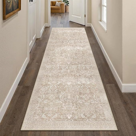 Beige Runner Rug 2x10 Washable Neutral Hallway Kitchen Carpet Vintage Non Slip Indoor Low Pile Soft Thin Retro Floral Accent Throw Long Rug for Bathroom Office Laundry Dining Living Room