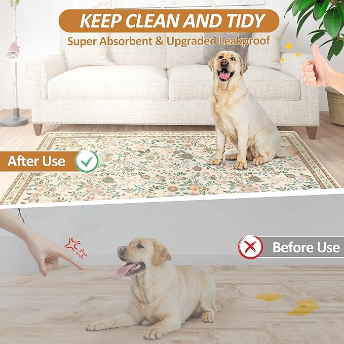 Washable Pee Pads for Dogs, 2 Pack Super Absorbent Reusable Puppy Pads with Colorful Flowers Patterns for Potty Training, Floor, Couch, Bed, and Crate,36"x 48"