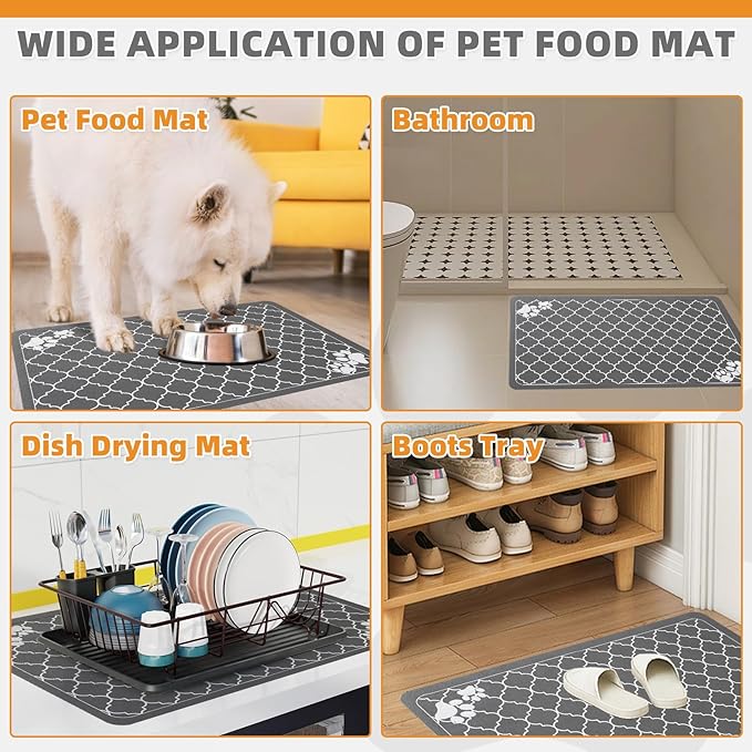 KOOLTAIL Dog Food Mat, Absorbent Pet Feeding Mat for Food and Water Bowls, Placement Pad for Floors with Waterproof Rubber Backing, Quick Dry Water Dispenser Mat for Dogs Puppy Cats, Grey, 16"x24"