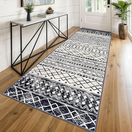 KUTA Moroccan Kitchen Rugs 3x8, Non-Slip Vintage Black Navy Blue Boho Hallway Runner Rug Ultra Soft Print Geometric Floor Carpet Runners for Bedroom Laundry Living Room