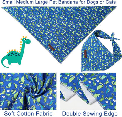 Summer Dog Bandana, UP URARA PUP Dinosaur Triangle Bid Scarf for Medium Large Dogs, Cotton Kerchief for Girl Boy Puppies, Cute Summer BlueBandana,S