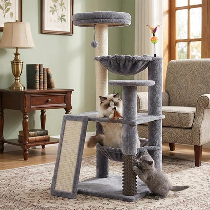 Multi-Level Cat Tree for Indoor Cats, Cat Tree Tower with Big Cat Hammock and Self-Grooming Brush, Cat Tower with Scratch Ladder, Indoor Climbing Activity Tower with Scratching Posts, Grey