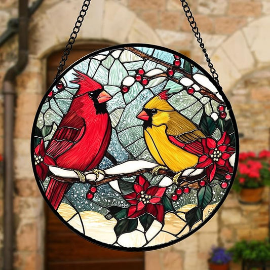 Stained Glass Window Hanging, Love Birds Cardinals Sun Catchers Colorful Glass Panel Birds Suncatcher Decor for Birthday for Women, Men, Wife, Lovers, and Mom 11.8x11.8 in