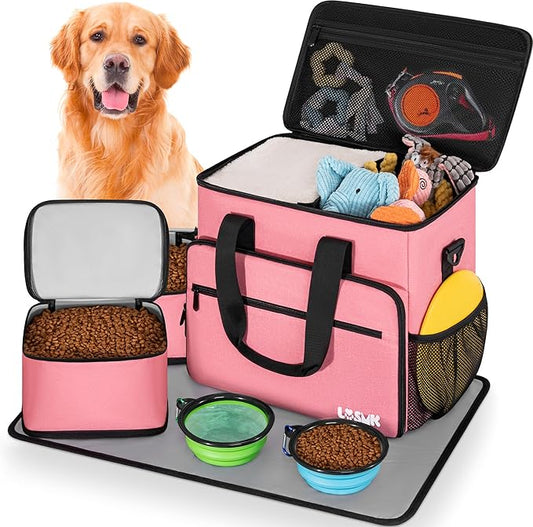 5 Set Dog Travel Bag for Supplies, Dog Lovers, Large Pet Travel Kit Includes 2 Food Containers, 2 Collapsible Bowls, Pink