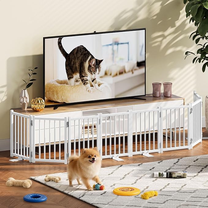 Snughome 2 Pack Short Dog Gate Indoor, 16" High Freestanding Small Dog Gates with Support Feet, Expand Up to 48’’ Wide Foldable Pet Gate for Doorway, 8 Panel Pet Door Pet Fence for Puppy, White